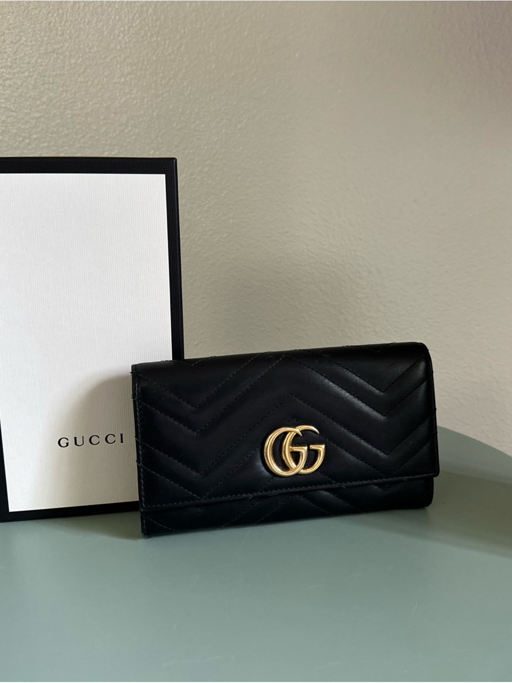 Gucci Black Quilted GG Marmont Wallet with Gold Hardware